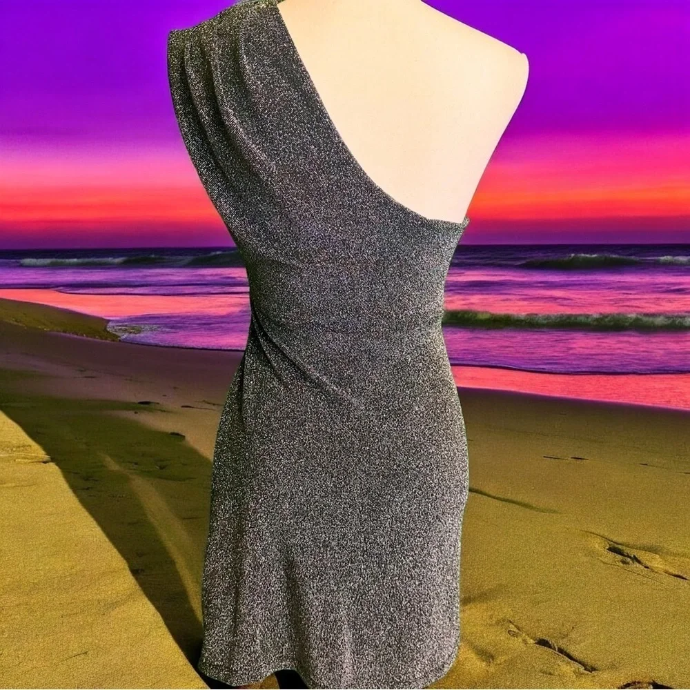 NWOT Free People ‘Malia’ One Shoulder Ruched Bodice Silver Metallic Dress Size S